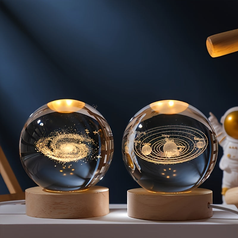 3D Laser Engraved Crystal Ball LED Table Lamp, Saturn Galaxy Solar System Design