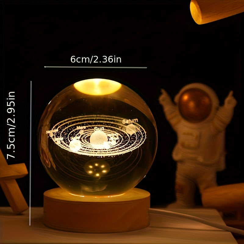 3D Laser Engraved Crystal Ball LED Table Lamp, Saturn Galaxy Solar System Design