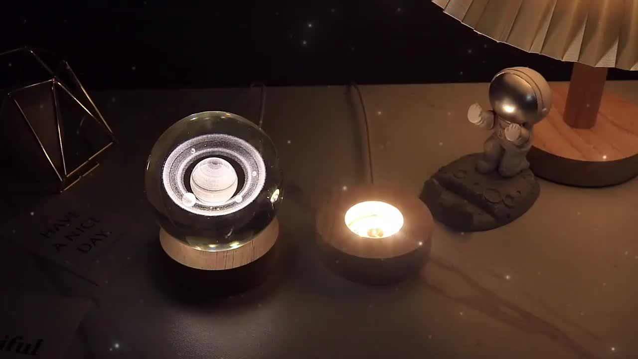 3D Laser Engraved Crystal Ball LED Table Lamp, Saturn Galaxy Solar System Design