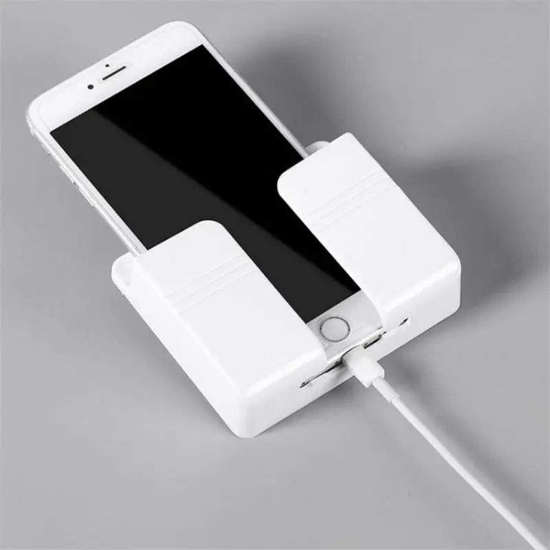 1Pc White Punch Free Wall Mount Phone Plug Holder Mobile Phone Charging Stand Air Conditioner TV Remote Control Storage Box