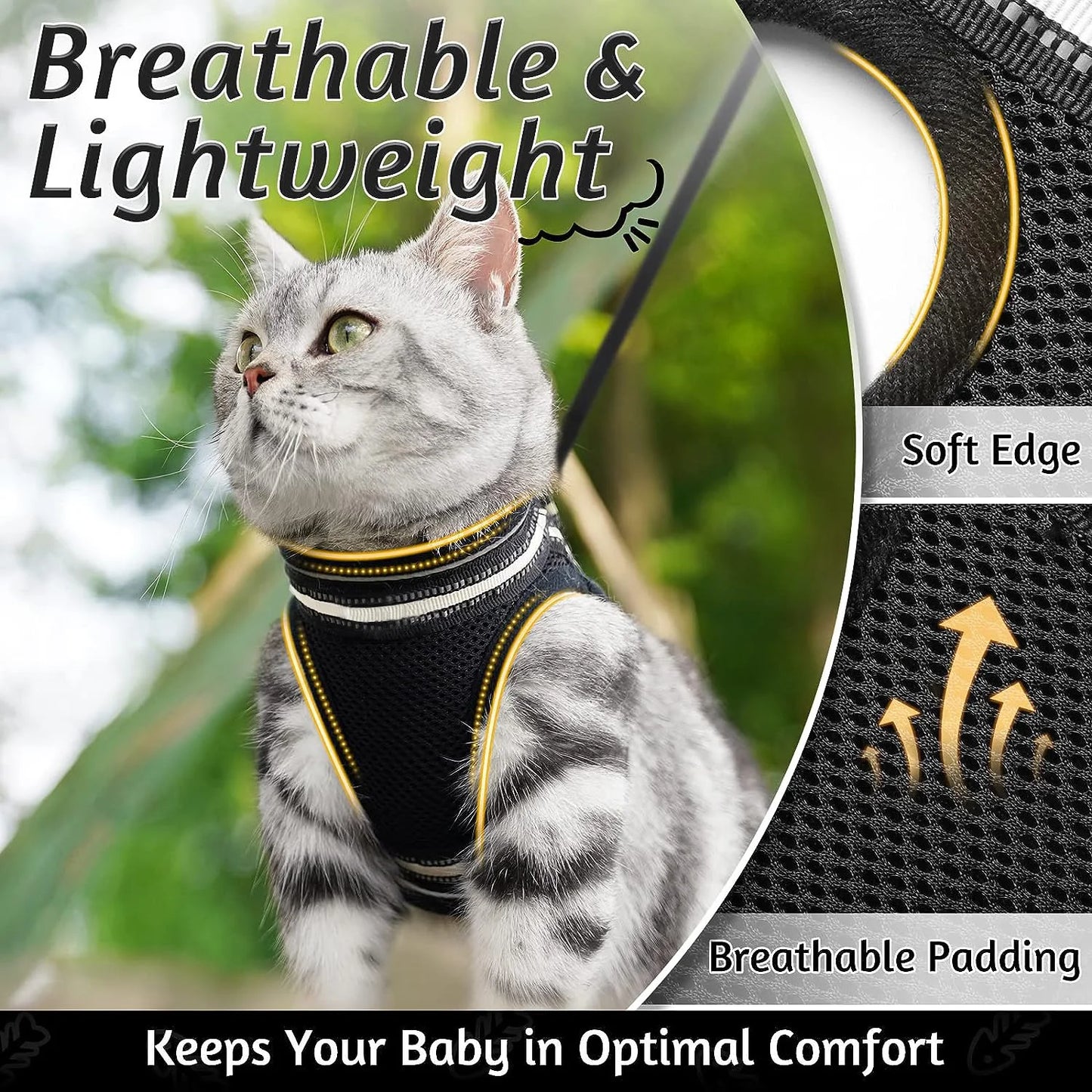 Cat Harness and Leash Set for Walking Escape Proof, Adjustable Soft Kittens Vest with Reflective Strip for Cats,