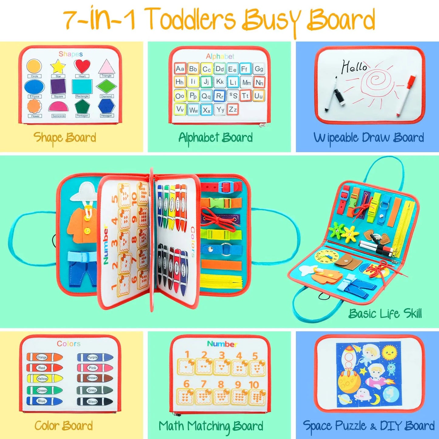 Toddlers 7 in 1 educational sensory board