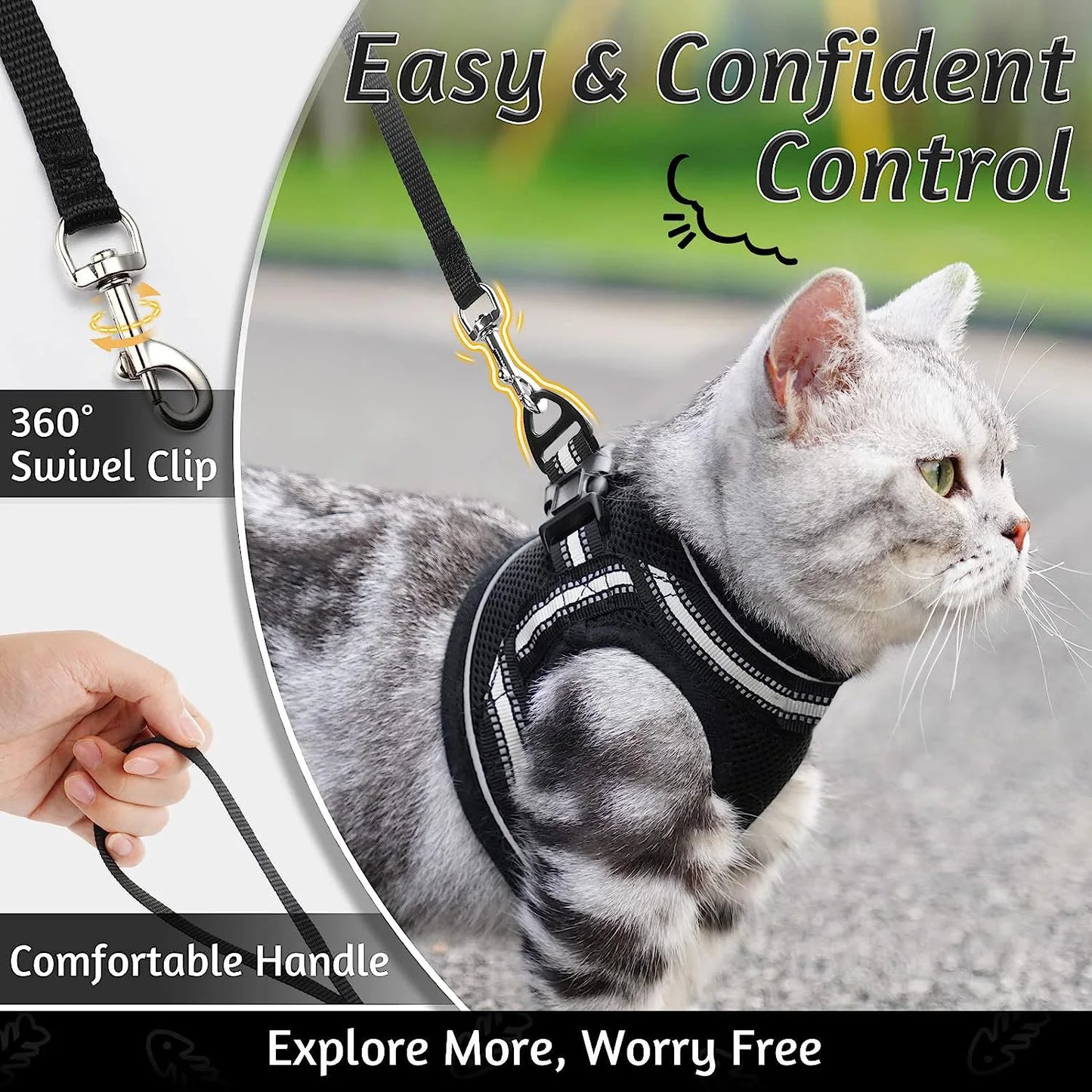 Cat Harness and Leash Set for Walking Escape Proof, Adjustable Soft Kittens Vest with Reflective Strip for Cats,